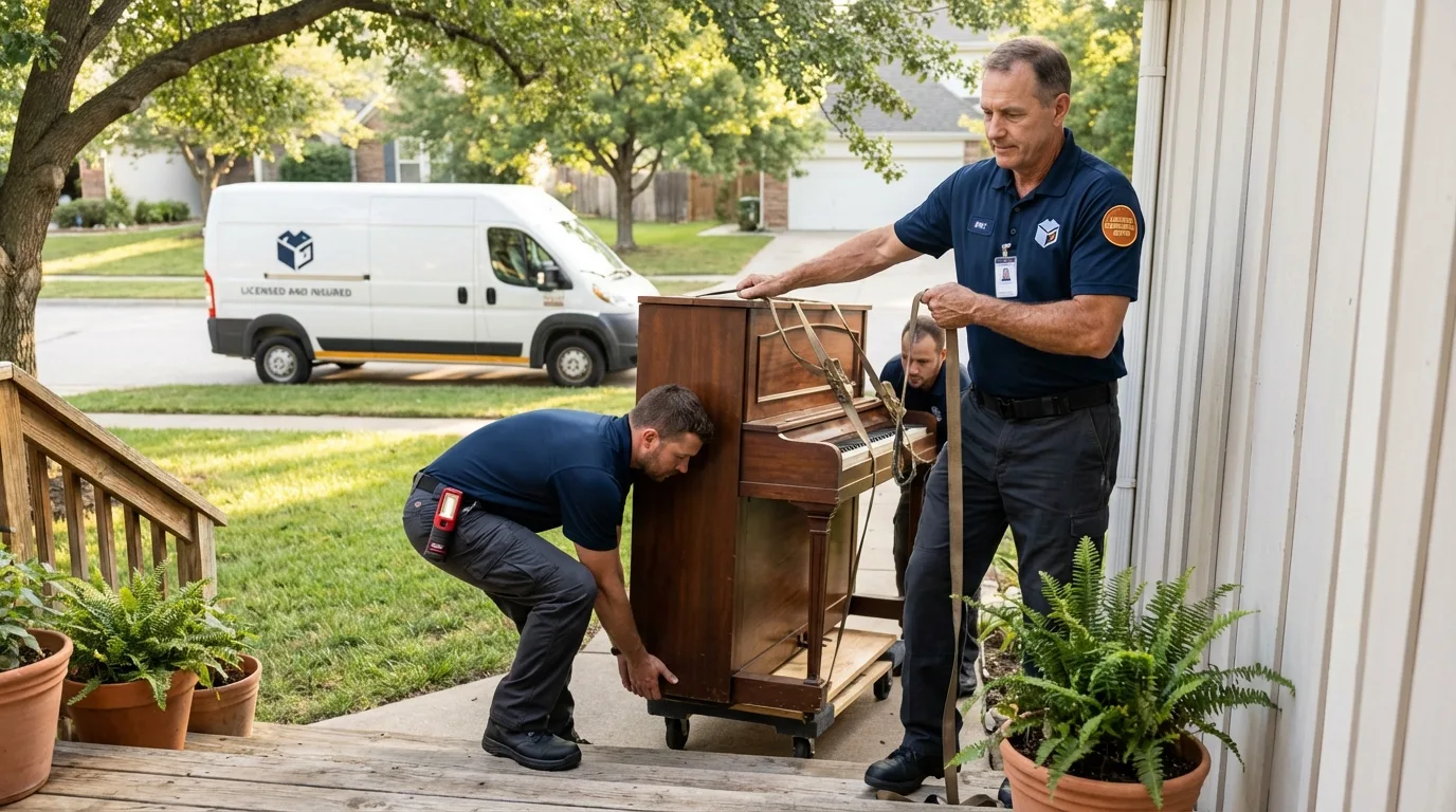 Licensed piano movers securing grand piano in Floydada, TX
