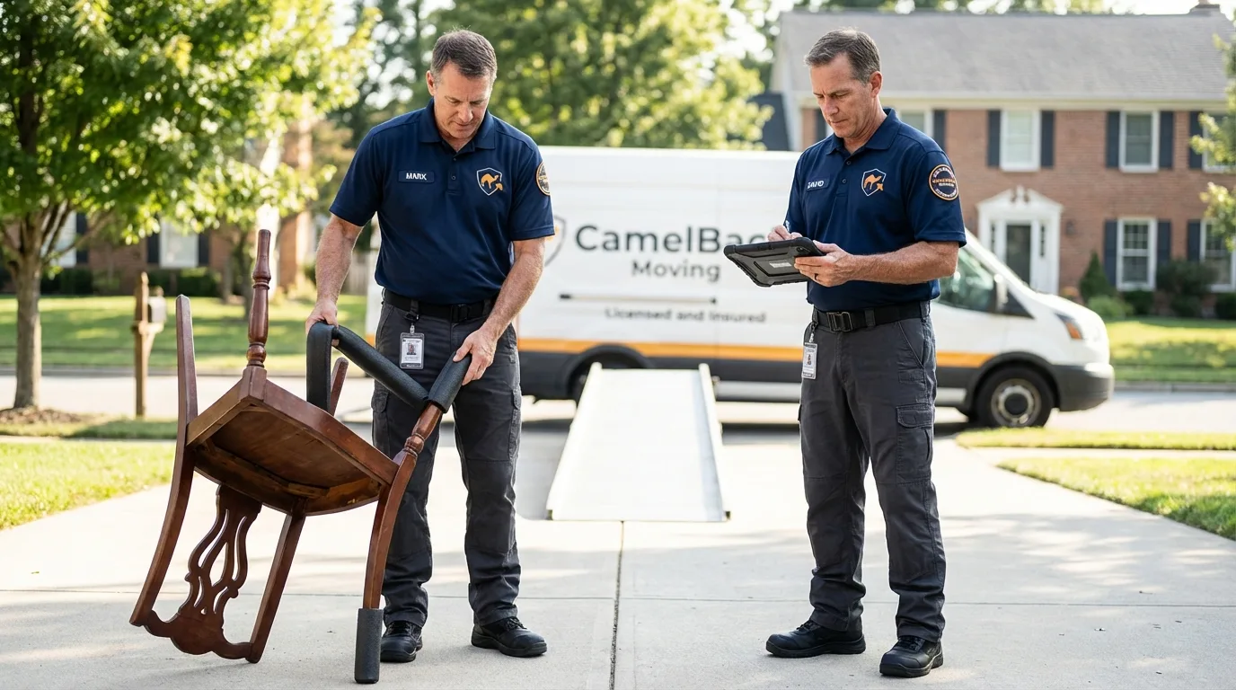 Movers inspecting furniture for damage prevention before loading in Floydada, TX